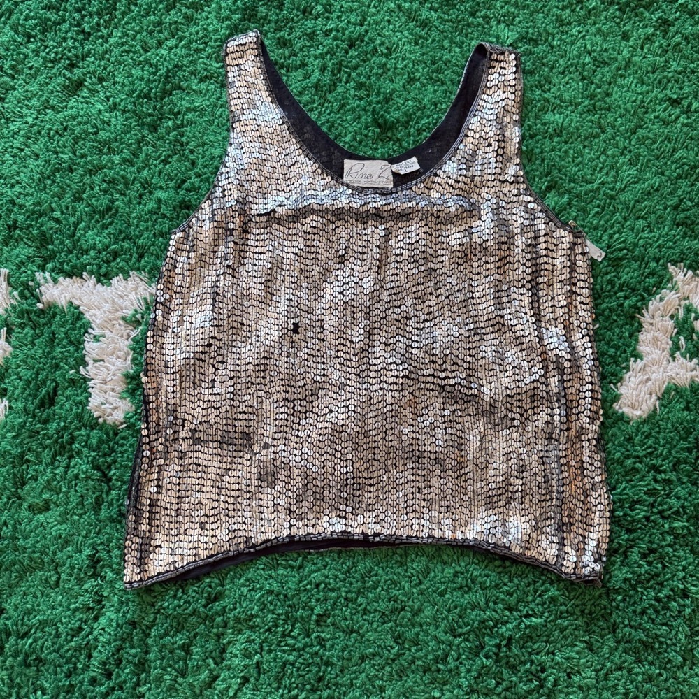 Rina Z New York Sequins Tank Top Silver Black Beaded Trim Size L